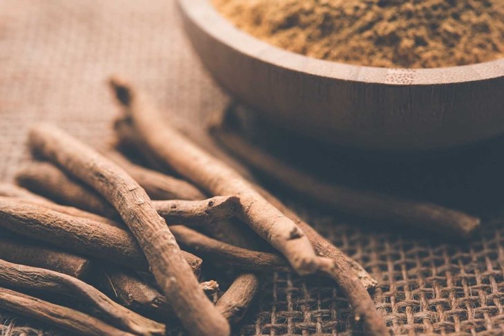 Ashwagandha / Aswaganda OR Indian Ginseng is an Ayurveda medicine in stem and powder form. Isolated on plain background. selective focus