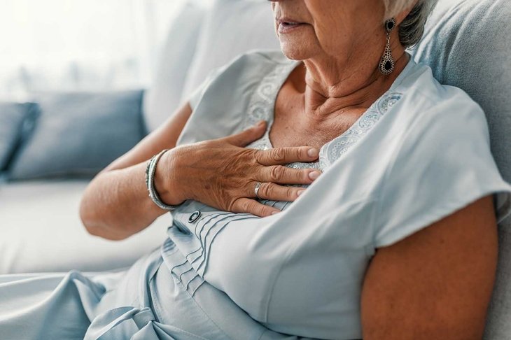 Woman having a pain in the heart area. Heart Attack. Painful Chest. Health Care, Medical Concept. High Resolution. Woman having heart attack at home