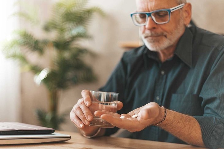 Pain medications. Senior man holding pills and a glass of water in his hands. Headache in the elderly.