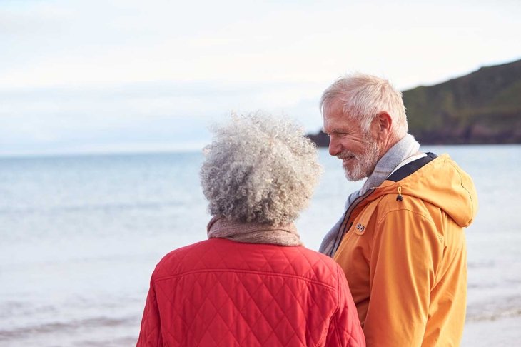 Rear View Of Senior Couple Holding Hands Looking Out To Sea On Winter Beach Vacation