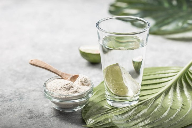 Collagen Powder and glass of water with slice of Lime; Vitamin C . Collagen supplements may improve skin health by reducing wrinkles and dryness.