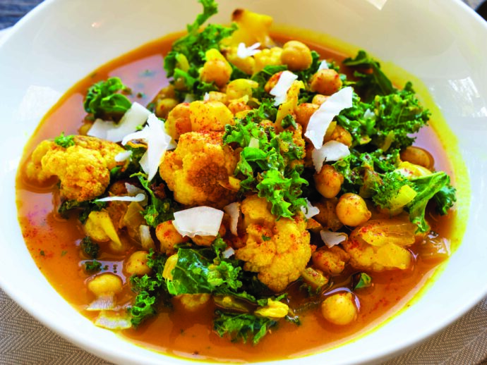 Spicy Chickpea, Chard, and Roasted Cauliflower Soup