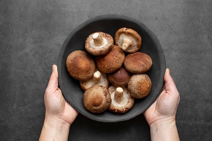 Shiitake mushroom on dark background top view. Fresh Shiitake mushroom flat lay.