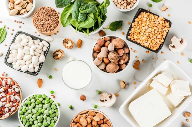 Healthy diet vegan food, veggie protein sources: Tofu, vegan milk, beans, lentils, nuts, soy milk, spinach and seeds. Top view on white table.